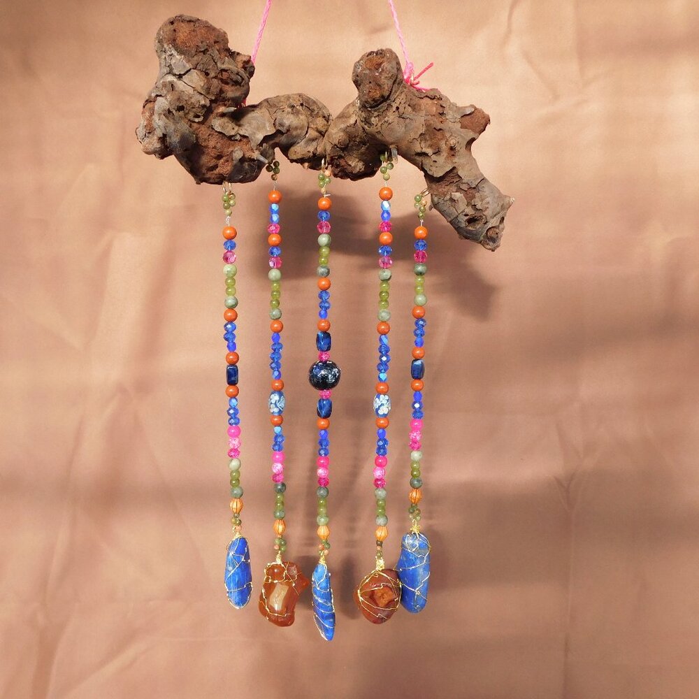 (Absolom) Driftwood Suncatcher Mobile Lapis & Carnelian gemstones glass beads